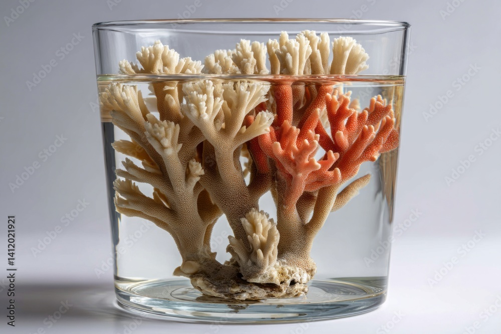 Coral Display in Glass Container with Vibrant Colors and Natural Textures Underwater Setting