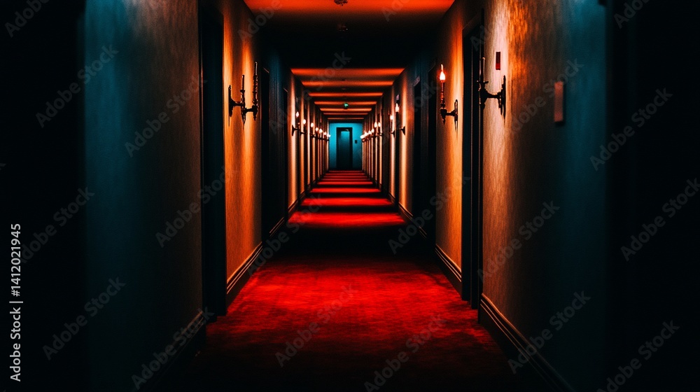 Long hotel corridor with warm lighting and red carpet Long hotel corridor with warm lighting and red carpet