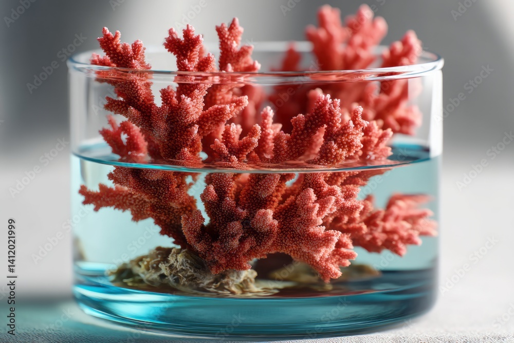 Vibrant Coral Display in Aqua Glass Container with Crystal Clear Water and Natural Elements