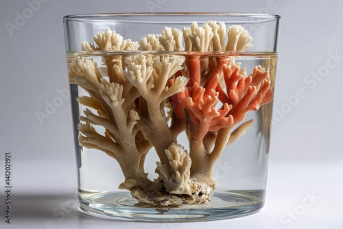 Coral Display in Glass Container with Vibrant Colors and Natural Textures Underwater Setting