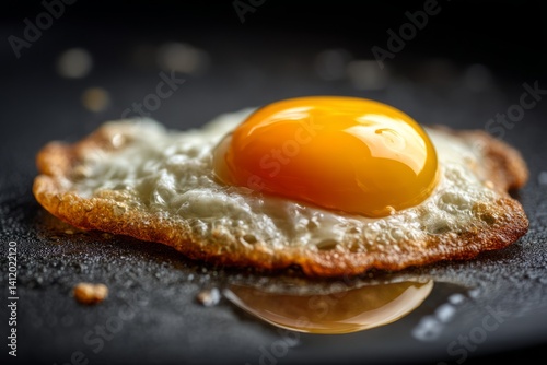 Freshly Cooked Sunny Side Up Egg on Black Plate with Crispy Edges and Vibrant Yolk