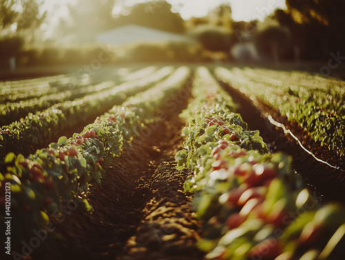 Rows of crops stretch into the distance bathed in warm golden sunlight on a farm field.