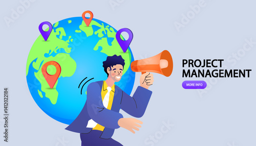 businessman shouting through megaphone, project expand branch ,mark pin promote business. global, world , global aiming target.
