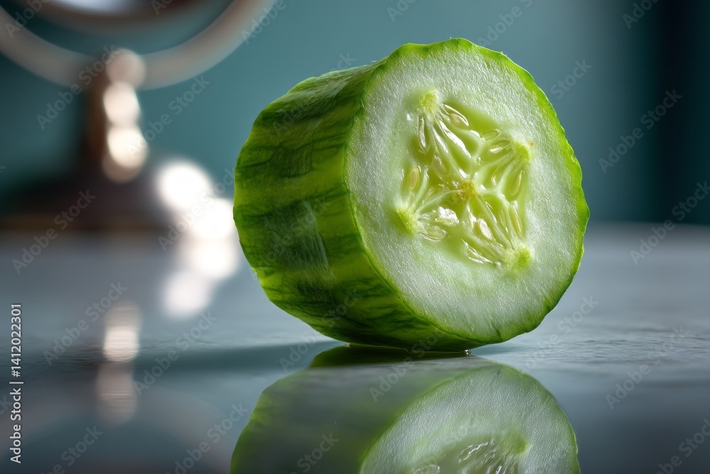 Freshly Cut Cucumber Slice with Reflection on Smooth Surface in Bright Setting