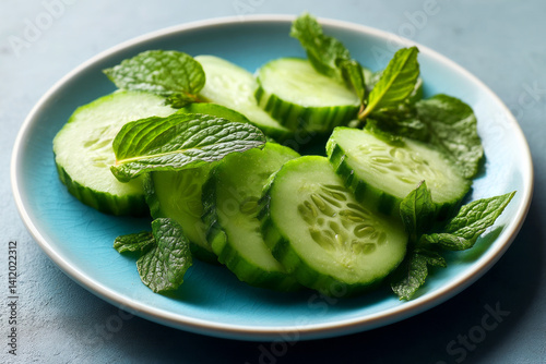 Fresh Green Cucumber Slices with Mint Leaves on a Vibrant Blue Plate