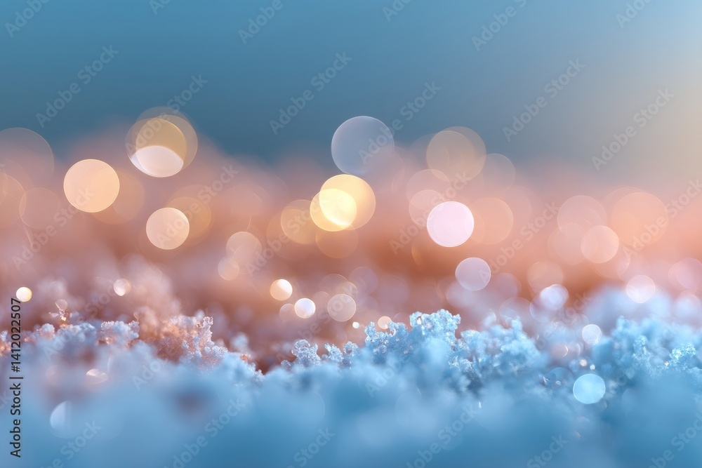 Soft Glowing Snowflakes Under Gentle Blue and Orange Light at Winter Evening Dreamy Effect