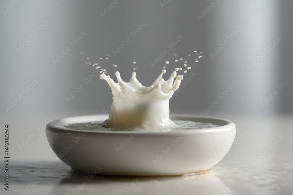 Splashing Milk Crown in White Bowl Creating Ripples and Drops on Soft Gradient Background