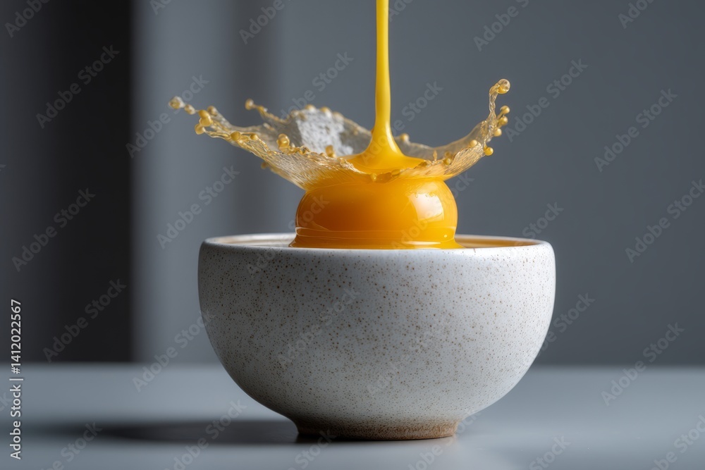 Vibrant Egg Yolk Splashing in a Bowl Creating Dynamic Culinary Scene for Food Photography