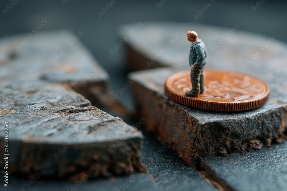 Tiny Figure Standing on Coin at Edge of Cracked Stone Surface Depicting Economic Struggle