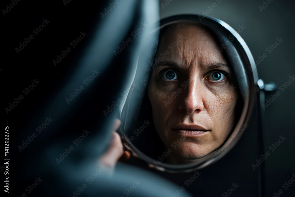 Introspective woman gazing into mirror reflecting deep emotions and contemplative thoughts