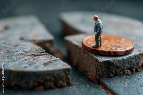 Obraz na płótnie Tiny Figure Standing on Coin at Edge of Cracked Stone Surface Depicting Economic Struggle w salonie