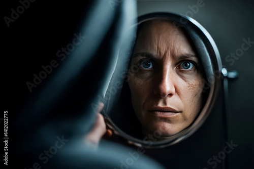 Obraz na płótnie Introspective woman gazing into mirror reflecting deep emotions and contemplative thoughts w salonie