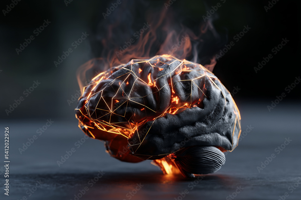 Ignited Brain with Abstract Flames and Geometric Patterns in a Modern Artistic Concept