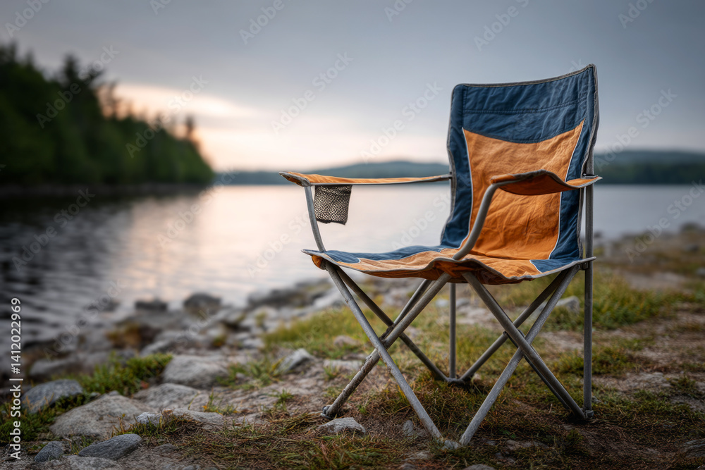 Relaxing Outdoor Chair by Calm Lake During Sunset with Scenic Nature in Background