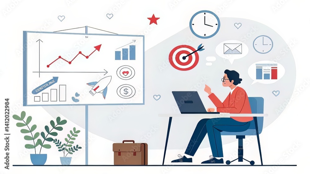 Professional working on advertising campaign strategy with icons for engagement, metrics, and conversion Professional working on advertising campaign strategy with icons for engagement, metrics, and conversion