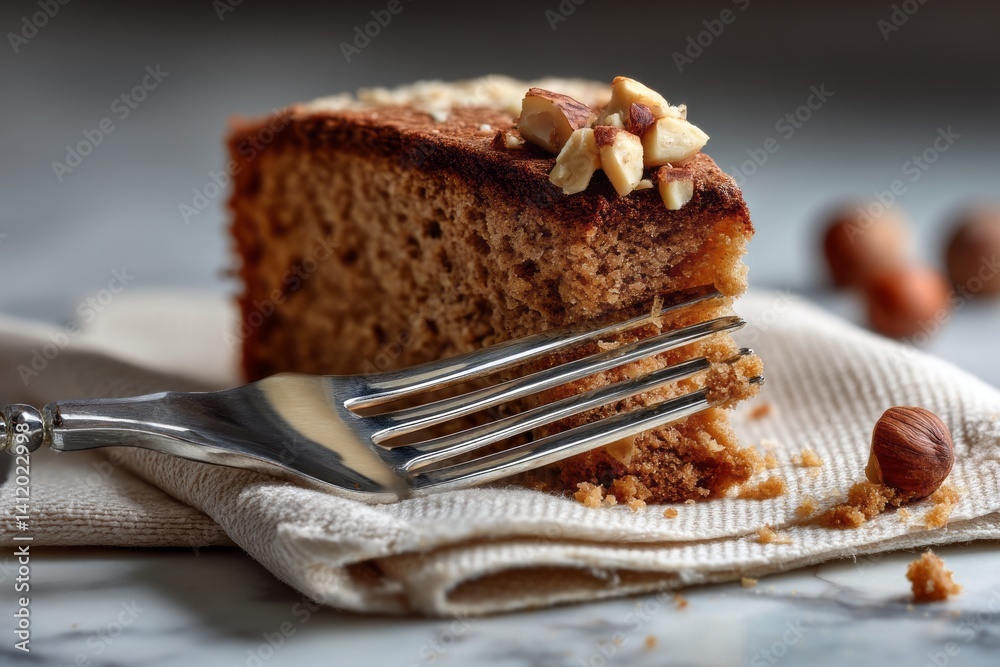 Delicious Slice of Nutty Cake on a Soft Cloth Surface with a Fork and Hazelnuts