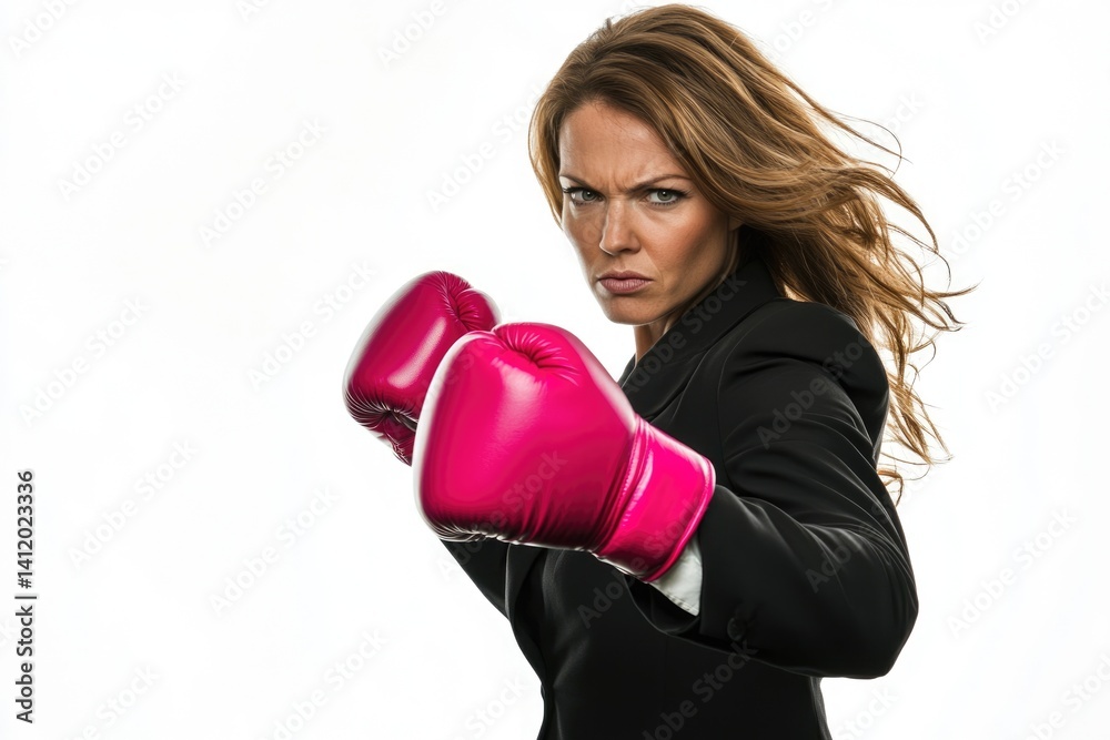 A determined businesswoman in a black suit, wearing pink boxing gloves, ready to fight. A determined businesswoman in a black suit, wearing pink boxing gloves, ready to fight.
