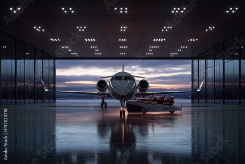 A private jet hangar showcasing a fleet of sleek, high-end aircraft. The polished floors, custom leather interiors, and VIP lounge reflect the pinnacle of elite travel. A CEO boards a jet for an inter