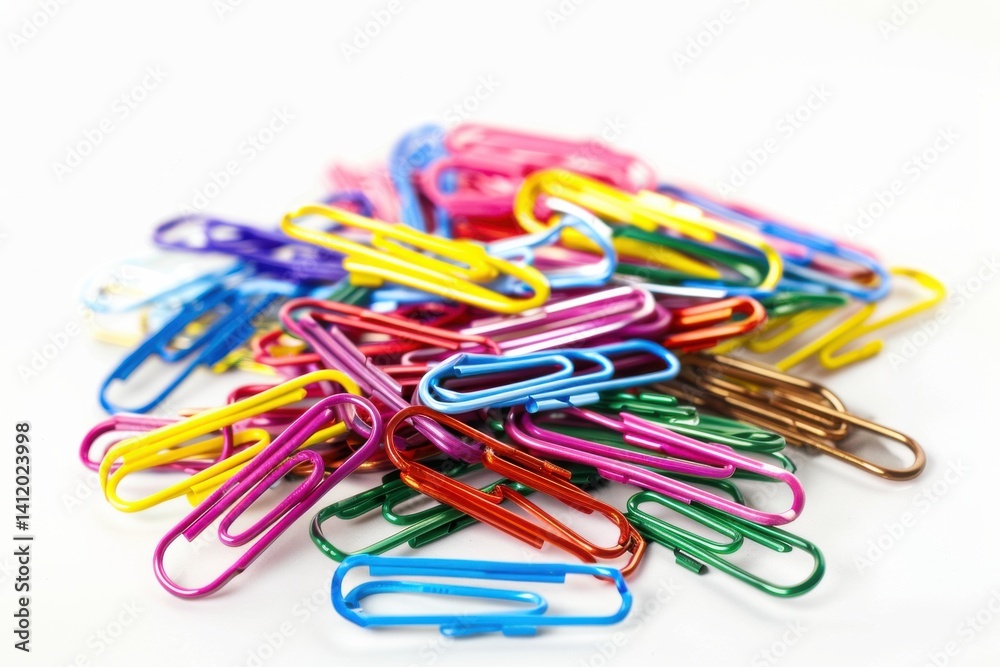 A vibrant collection of colorful paperclips scattered across a white surface isolated on transparent background A vibrant collection of colorful paperclips scattered across a white surface isolated on transparent background