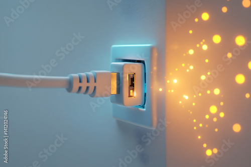 USB cable plugged into glowing wall port with bright light particles, symbol of energy flow, power connection, modern technology, fast charging and data transfer visualization

 photo