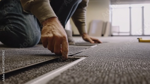 Construction worker laying down carpet tiles in an office space. Featuring precision and professionalism