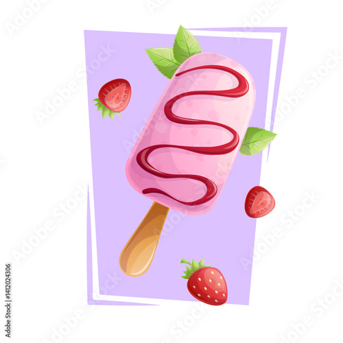 Ice cream covered with berry glaze on a stick on a purple background. The concept of confectionery, baking, cooking. Isolated vector illustration for menu design, posters, banners, covers