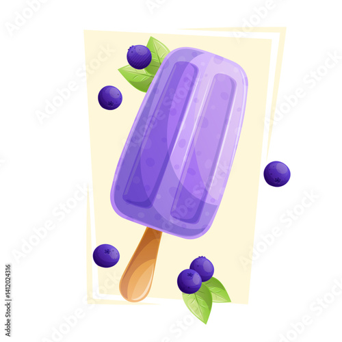 Berry blueberry ice cream on a stick on a yellow background. The concept of confectionery, baking, cooking. Isolated vector illustration for menu design, posters, banners, covers