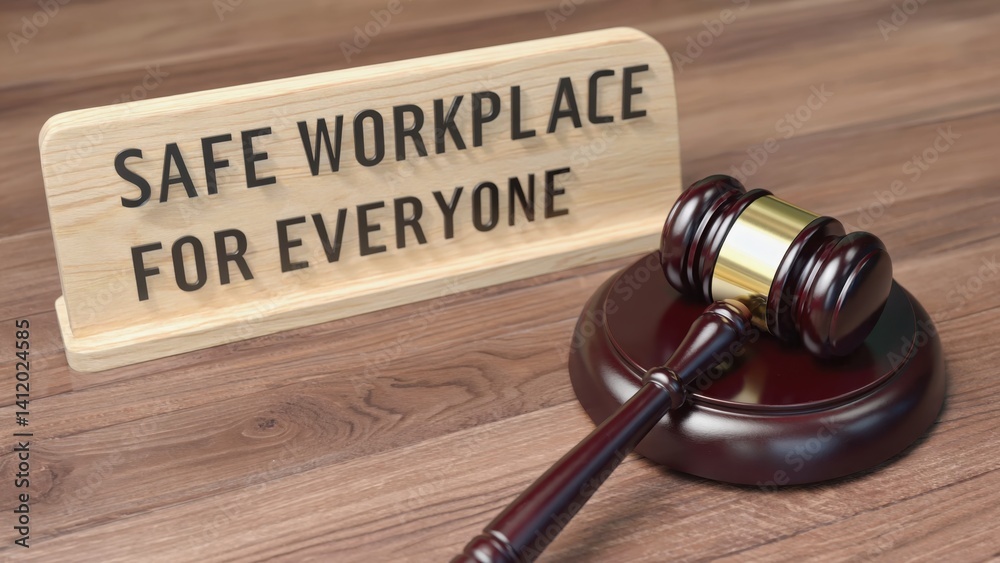 Legal gavel on top of wooden block with 'Safe Workplace for Everyone' written on it. Images related to employment law, workplace safety rules, legal, professional images.