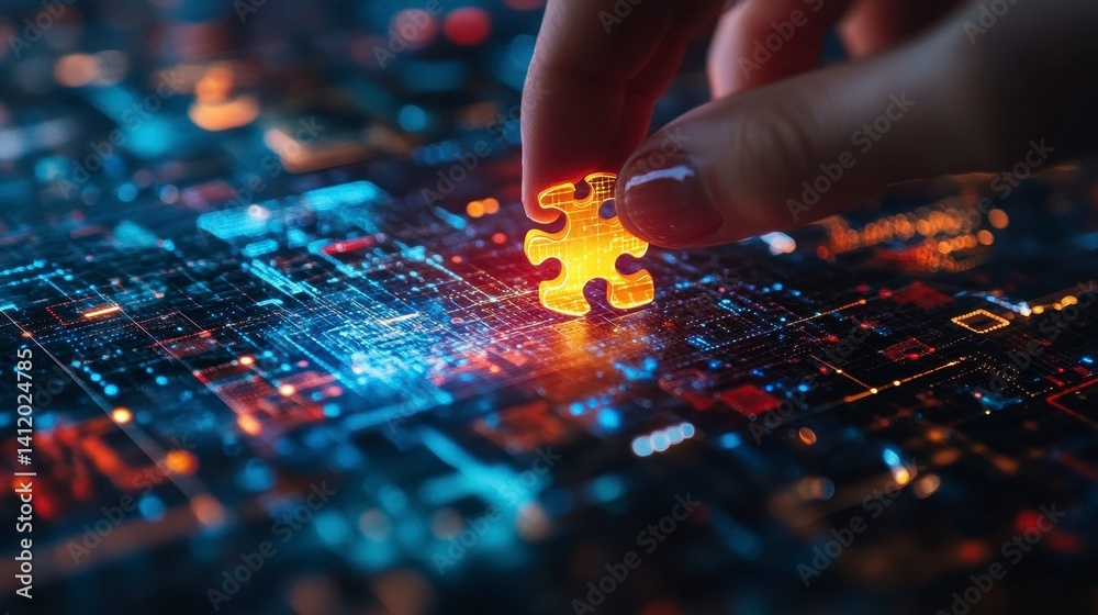 Hand Placing Puzzle Piece in Network of Digital Technology Background