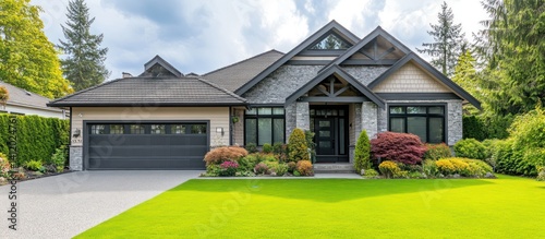 Suburban house, landscaped yard, sunny day