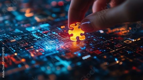 Obraz na płótnie Hand Placing Puzzle Piece in Network of Digital Technology Background w salonie