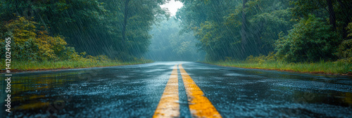 Rain falls steadily on an empty road surrounded by lush greenery and dense trees in a quiet, atmospheric setting