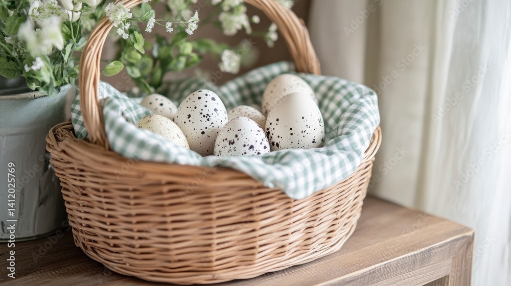 Decorative Basket with Speckled Eggs and Fresh Greenery Decorative Basket with Speckled Eggs and Fresh Greenery