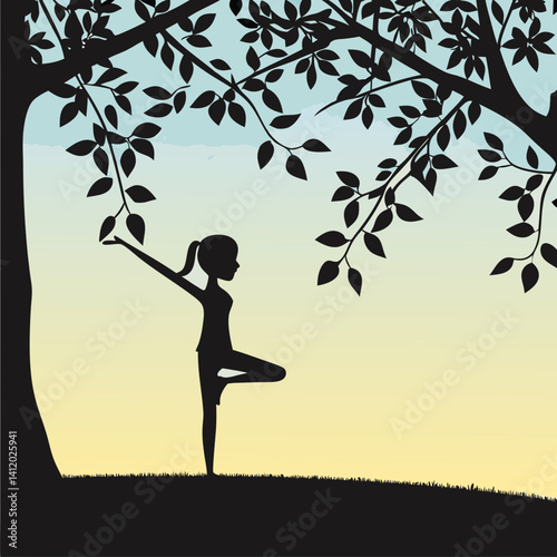Silhouette of a girl in tree yoga pose, perfect for wellness, fitness, and mindfulness themed designs.