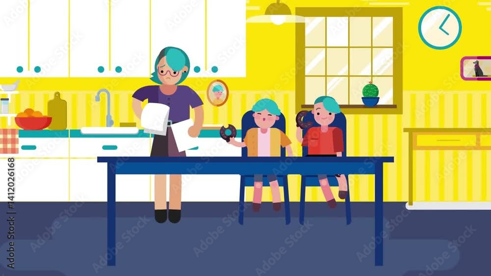 Animated family scene in a bright kitchen where kids are seated at a table and a parent engages them in conversation during breakfast. Animated family scene in a bright kitchen where kids are seated at a table and a parent engages them in conversation during breakfast.