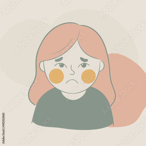 a girl with a frowning with red cheeks