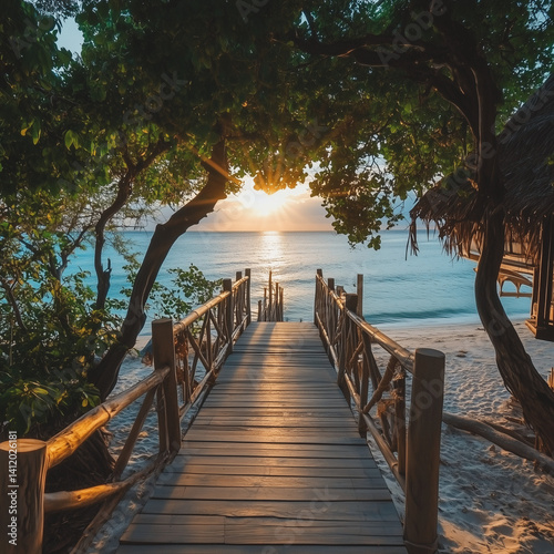 Experience enchantment of a charming wooden footbridge, leading you to a sun-kissed beach, with its rustic elegance, beckoning you towards a world of pure bliss and exhilaration