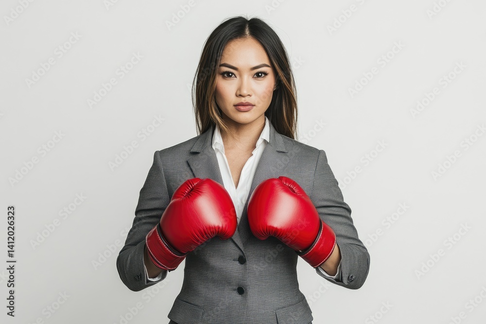 A determined businesswoman, ready for a challenge, confidently displays her red boxing gloves. A determined businesswoman, ready for a challenge, confidently displays her red boxing gloves.