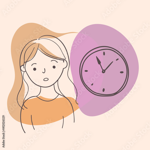 a girl with a looking at a clock in boredom