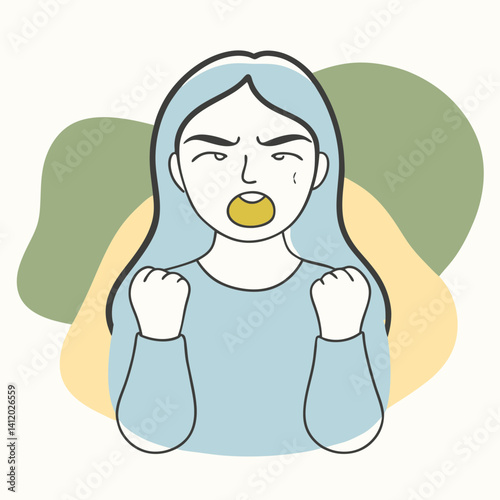 a girl with a trembling lips with clenched fists