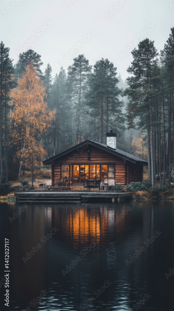 Fototapeta premium Cozy fishermans cabin by the lake nestled in misty pine trees. Generative AI