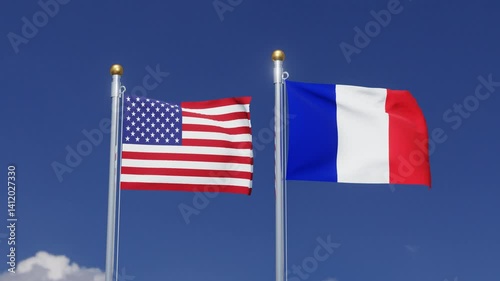 USA Flag and France Flag Waving Together on Blue Sky. International Relations Concept