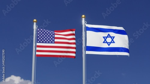 USA Flag and Israel Flag Waving Together on Blue Sky. International Relations Concept