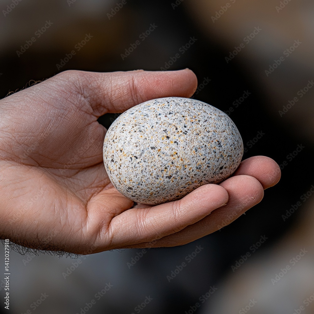 Smooth Speckled Rock Held Gently in Hand Close Up Perspective Smooth Speckled Rock Held Gently in Hand Close Up Perspective