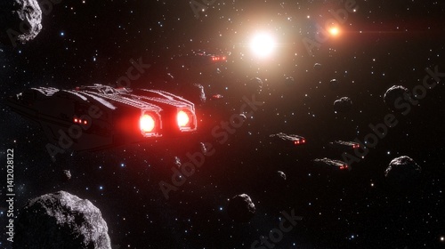 Spaceship fleet in asteroid field near star