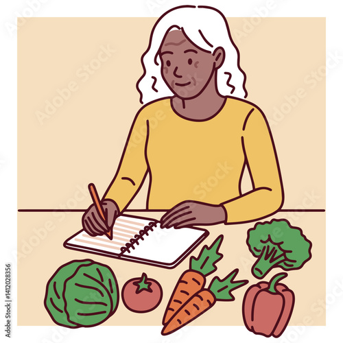 Older woman writing a healthy diet plan surrounded by vegetables, focusing on balanced nutrition and wellness