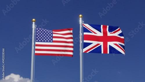 USA Flag and United Kingdom Flag Waving Together on Blue Sky. International Relations Concept