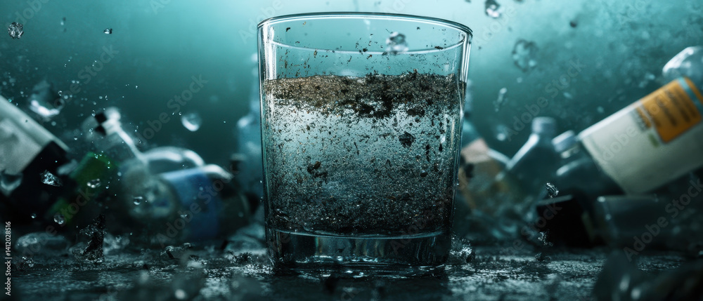 A glass filled with sparkling water is surrounded by splashes and bottles, creating an energetic and dynamic scene.