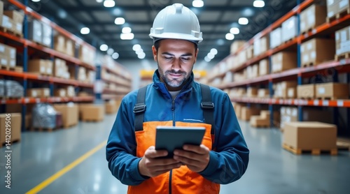 Inventory management with real-time tracking concept. A warehouse worker in safety gear uses a tablet, surrounded by shelves of boxes, highlighting modern logistics and inventory management.