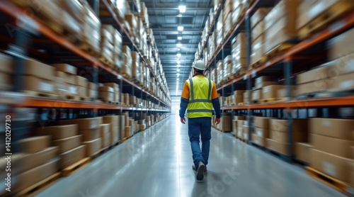 Inventory management with real-time tracking concept. A worker in a safety vest walks through a large warehouse filled with stacked boxes, emphasizing logistics and inventory management.